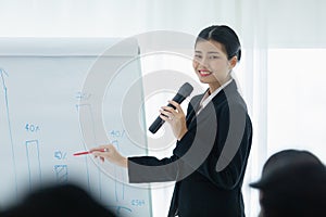 Businesswoman talking with whiteboard presentation seminar corporate in meeting room.