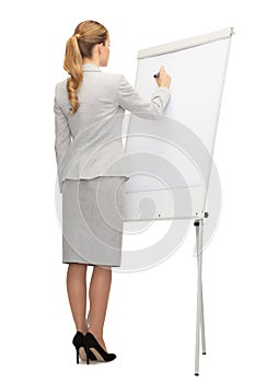 Businesswoman or teacher with marker from back
