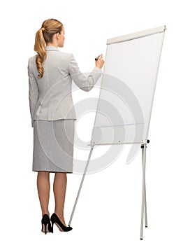 Businesswoman or teacher with marker from back