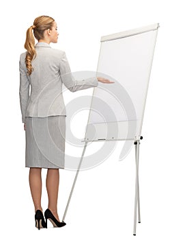 Businesswoman or teacher with whiteboard from back