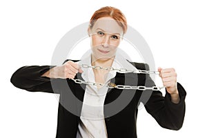 Businesswoman tearing the chain hands