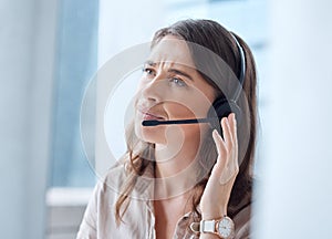 Businesswoman, telemarketing and headset for help and advice at call centre for customer service and communication