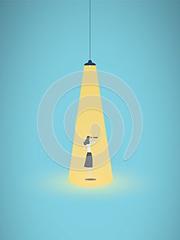 Businesswoman with telescope in spotlight, hiring, headhunting vector concept. Symbol of searching for talent