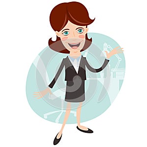 Businesswoman telling and showing something. Flat style