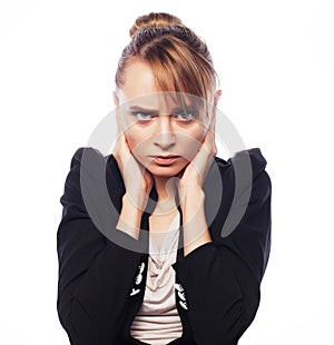 Businesswoman terrified hold hand on head