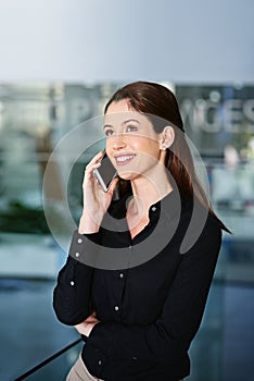 Businesswoman, thinking and phone call in office for talking, discussion and speaking with contact. Workplace, career or