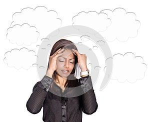 businesswoman with thoughts bubble surrounding he