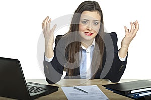 Businesswoman throws up her hands in helplessness