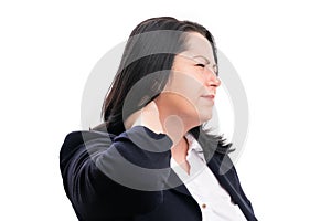 Businesswoman touching back of neck as muscular pain concept