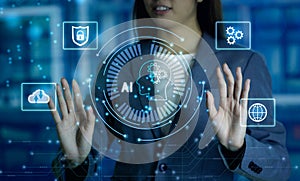 Businesswoman touching and control ai global big data. Artificial intelligence Machine Learning Business Internet Technology