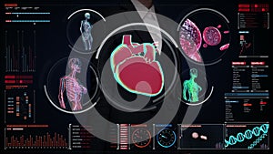 Businesswoman touching digital screen, Female body scanning blood vessel, lymphatic, heart, circulatory system in digital display