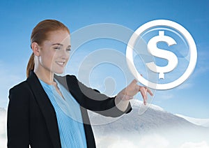 Businesswoman touching dollar graphic icon