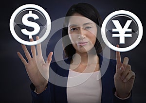 Businesswoman touching dollar and yen icon graphic