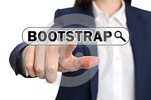 Businesswoman touching virtual screen with word BOOTSTRAP in search bar against background, focus on hand