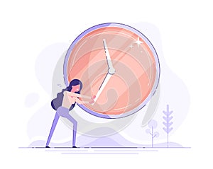 Businesswoman is trying to stop time. Deadline and time management concept. Modern flat vector illustration