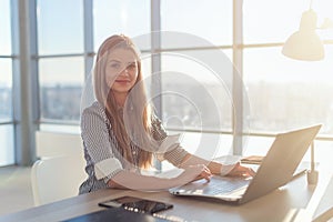 Businesswoman typing on laptop at workplace Woman working in home office hand keyboard