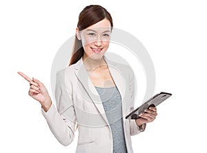 Businesswoman use tablet and finger point up