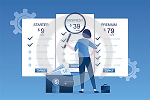 Businesswoman uses magnifying glass to choose tariff plan. Price list set. Three tariff plans. Wallet with money for payment