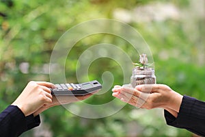 Businesswoman using a calculator and holding flower make from banknote on coins money in glass bottle on green background,