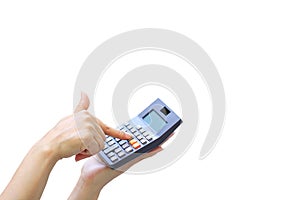 Businesswoman using a calculator on white background, Accountants calculating profit and Interest rates concept