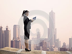 Businesswoman using computer and wireless access