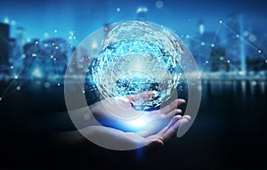 Businesswoman using digital triangle exploding sphere hologram 3