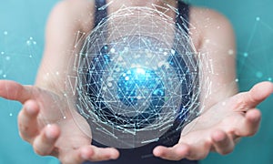 Businesswoman using digital triangle exploding sphere hologram 3