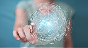 Businesswoman using digital triangle exploding sphere hologram 3