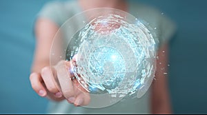 Businesswoman using digital triangle exploding sphere hologram 3
