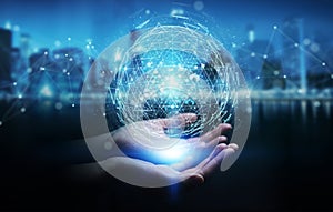 Businesswoman using digital triangle exploding sphere hologram 3