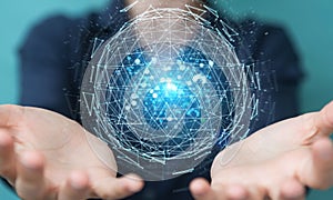 Businesswoman using digital triangle exploding sphere hologram 3