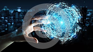 Businesswoman using digital triangle exploding sphere hologram 3