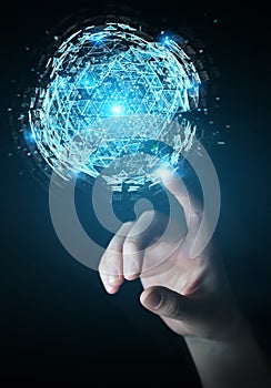 Businesswoman using digital triangle exploding sphere hologram 3