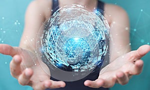 Businesswoman using digital triangle exploding sphere hologram 3D rendering