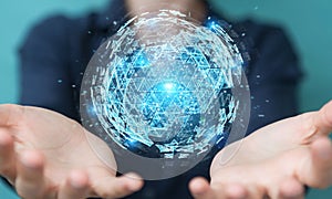 Businesswoman using digital triangle exploding sphere hologram 3D rendering