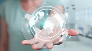 Businesswoman using digital world map interface 3D rendering