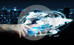 Businesswoman using digital world map interface 3D rendering