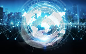 Businesswoman using digital world map interface 3D rendering