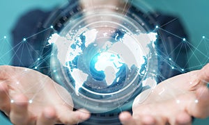 Businesswoman using digital world map interface 3D rendering