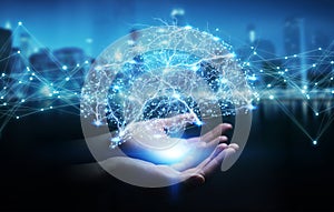 Businesswoman using digital x-ray human brain interface 3D rendering