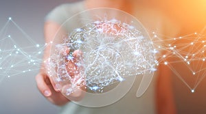 Businesswoman using digital x-ray human brain interface 3D rendering