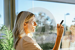 Businesswoman using a marker while writing new ideas on the window