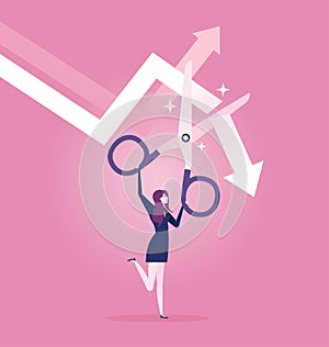 Businesswoman using scissors to cut off the falling downward arrow photo