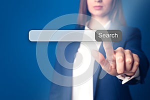 Businesswoman using search bar on virtual screen