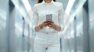 Businesswoman Using Smartphone in Modern Office Corridor. Generative ai