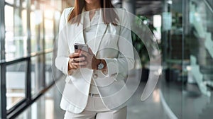 Businesswoman Using Smartphone in Modern Office Corridor. Generative ai