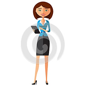 Businesswoman using tablet device tablet computer touch screen flat cartoon vector illustration. Eps10. Isolated on a white