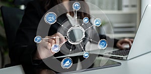 Businesswoman Using Technology and Digital Interface for Remote Work and Online Communication, Abstract Concept of