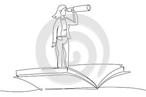 businesswoman using telescope on flying book. Knowledge, references, opportunity, vision in business. Single line art