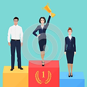 Businesswoman on victory podium concept. Successful business champion.